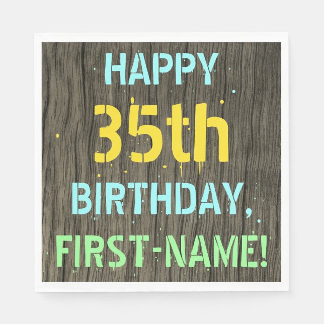 Faux Wood, Painted Text Look, 35th Birthday + Name Napkins (Front)