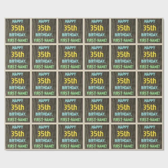 Faux Wood, Painted Text Look, 35th Birthday + Name Wrapping Paper (Flat)