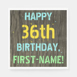 [ Thumbnail: Faux Wood, Painted Text Look, 36th Birthday + Name Napkins ]