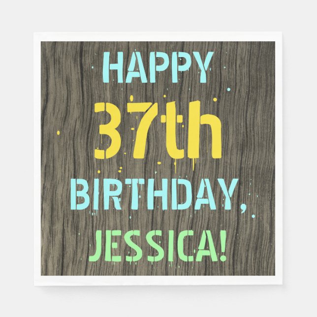 Faux Wood, Painted Text Look, 37th Birthday + Name Napkins (Front)