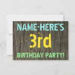 [ Thumbnail: Faux Wood, Painted Text Look, 3rd Birthday + Name Invitation ]