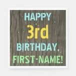 [ Thumbnail: Faux Wood, Painted Text Look, 3rd Birthday + Name Napkins ]
