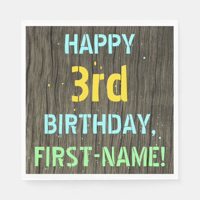 Faux Wood, Painted Text Look, 3rd Birthday + Name Napkins (Front)
