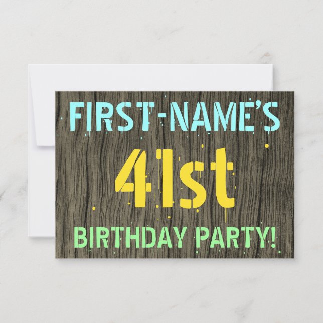 Faux Wood, Painted Text Look, 41st Birthday + Name Invitation (Front)
