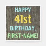 [ Thumbnail: Faux Wood, Painted Text Look, 41st Birthday + Name Napkins ]