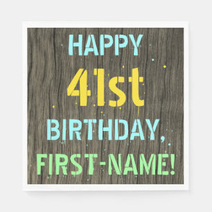 Faux Wood, Painted Text Look, 41st Birthday + Name Napkins