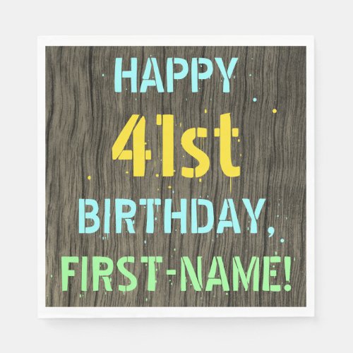 Faux Wood Painted Text Look 41st Birthday  Name Napkins