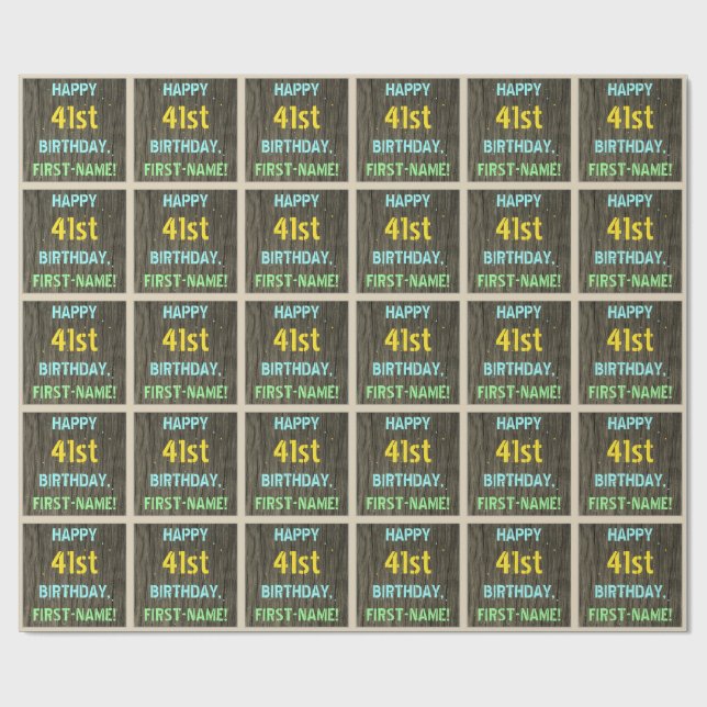 Faux Wood, Painted Text Look, 41st Birthday + Name Wrapping Paper (Flat)
