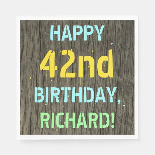 Faux Wood Painted Text Look 42nd Birthday  Name Napkins