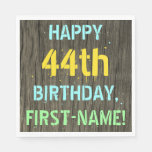 [ Thumbnail: Faux Wood, Painted Text Look, 44th Birthday + Name Napkins ]