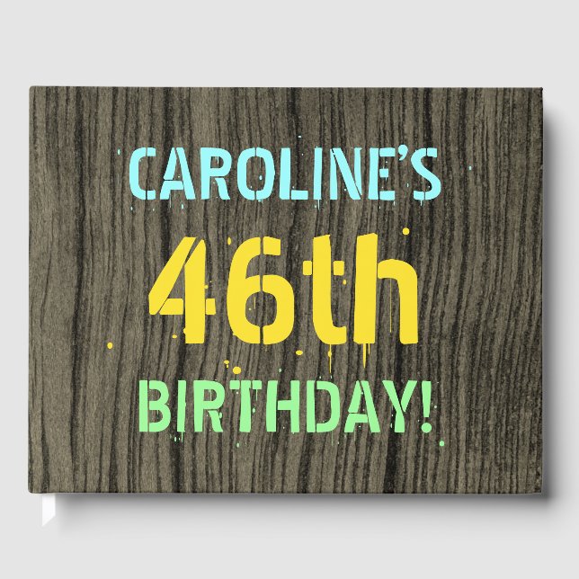 Faux Wood, Painted Text Look, 46th Birthday + Name Guest Book (Front)