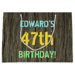 [ Thumbnail: Faux Wood, Painted Text Look, 47th Birthday + Name Gift Bag ]