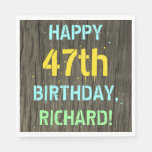 [ Thumbnail: Faux Wood, Painted Text Look, 47th Birthday + Name Napkins ]