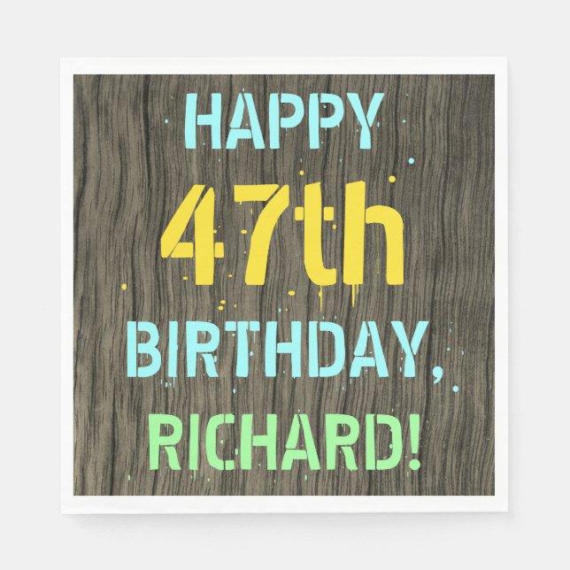 Faux Wood, Painted Text Look, 47th Birthday + Name Napkins (Front)