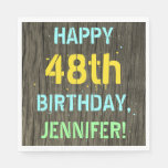 [ Thumbnail: Faux Wood, Painted Text Look, 48th Birthday + Name Napkins ]