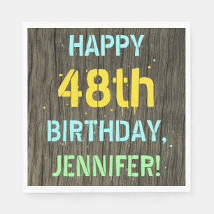 Faux Wood, Painted Text Look, 48th Birthday + Name Napkins
