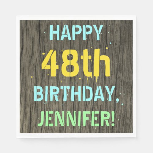Faux Wood Painted Text Look 48th Birthday  Name Napkins