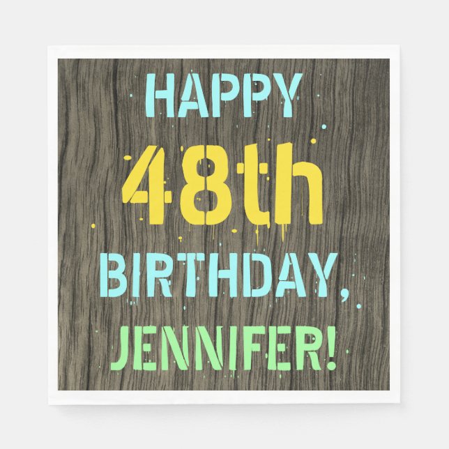Faux Wood, Painted Text Look, 48th Birthday + Name Napkins (Front)