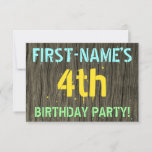 [ Thumbnail: Faux Wood, Painted Text Look, 4th Birthday + Name Invitation ]