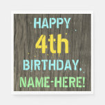 [ Thumbnail: Faux Wood, Painted Text Look, 4th Birthday + Name Napkins ]