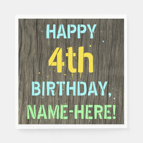 Faux Wood Painted Text Look 4th Birthday  Name Napkins