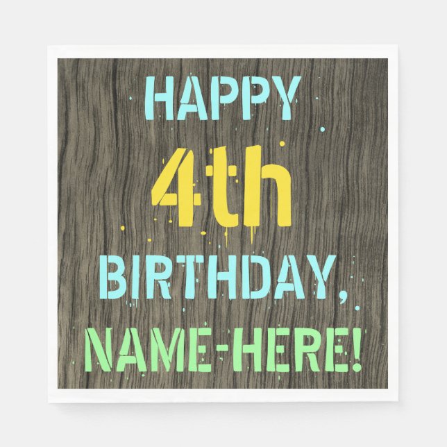 Faux Wood, Painted Text Look, 4th Birthday + Name Napkins (Front)