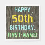 [ Thumbnail: Faux Wood, Painted Text Look, 50th Birthday + Name Napkins ]