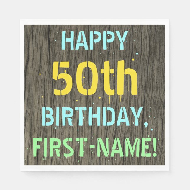 Faux Wood, Painted Text Look, 50th Birthday + Name Napkins (Front)