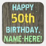 [ Thumbnail: Faux Wood, Painted Text Look, 50th Birthday + Name Sticker ]