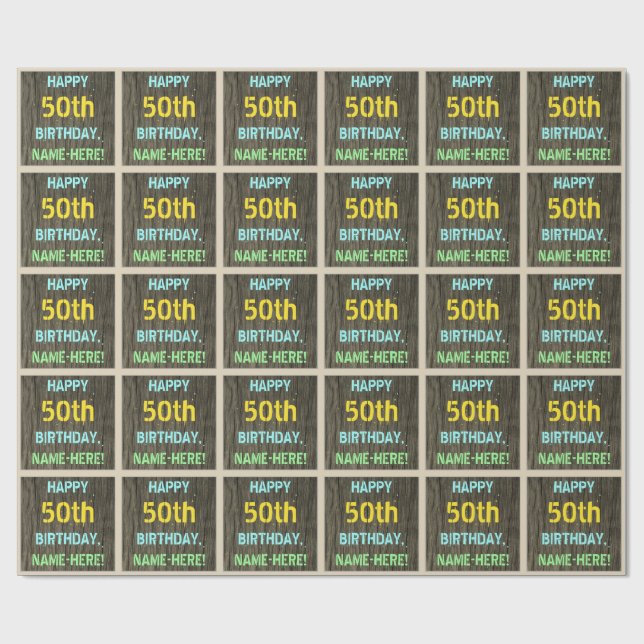 Faux Wood, Painted Text Look, 50th Birthday + Name Wrapping Paper (Flat)