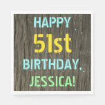 [ Thumbnail: Faux Wood, Painted Text Look, 51st Birthday + Name Napkins ]