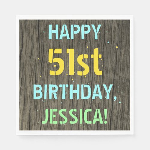 Faux Wood Painted Text Look 51st Birthday  Name Napkins