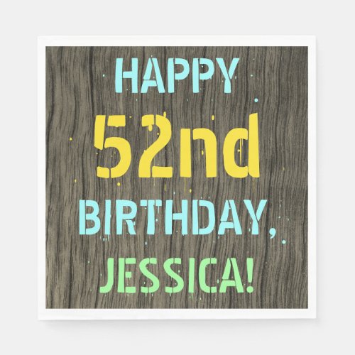 Faux Wood Painted Text Look 52nd Birthday  Name Napkins