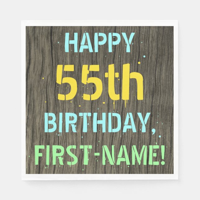 Faux Wood, Painted Text Look, 55th Birthday + Name Napkins (Front)