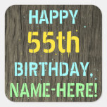 [ Thumbnail: Faux Wood, Painted Text Look, 55th Birthday + Name Sticker ]