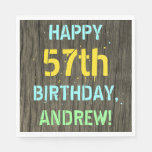 [ Thumbnail: Faux Wood, Painted Text Look, 57th Birthday + Name Napkins ]
