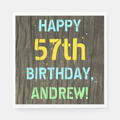 Faux Wood Painted Text Look 57th Birthday  Name Napkins