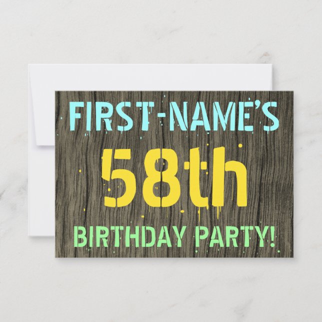 Faux Wood, Painted Text Look, 58th Birthday + Name Invitation (Front)