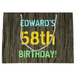 [ Thumbnail: Faux Wood, Painted Text Look, 58th Birthday + Name Gift Bag ]