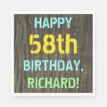 [ Thumbnail: Faux Wood, Painted Text Look, 58th Birthday + Name Napkins ]