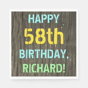 Faux Wood, Painted Text Look, 58th Birthday + Name Napkins
