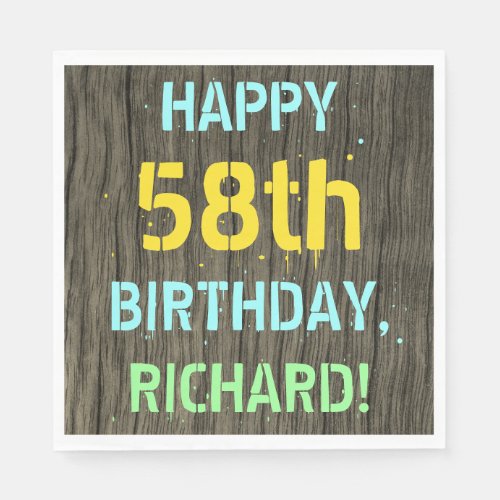Faux Wood Painted Text Look 58th Birthday  Name Napkins