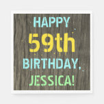 [ Thumbnail: Faux Wood, Painted Text Look, 59th Birthday + Name Napkins ]