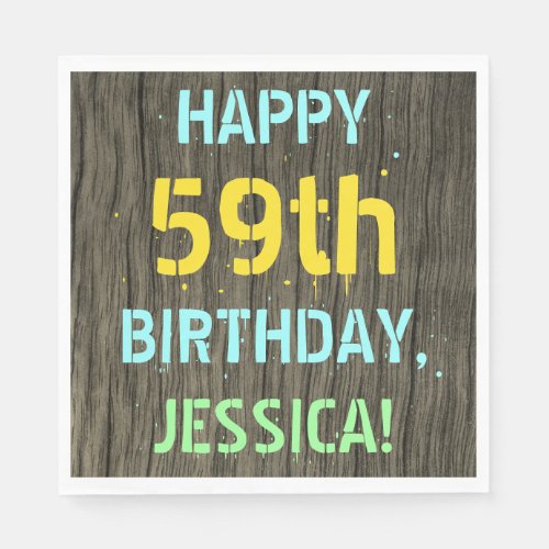 Faux Wood Painted Text Look 59th Birthday  Name Napkins