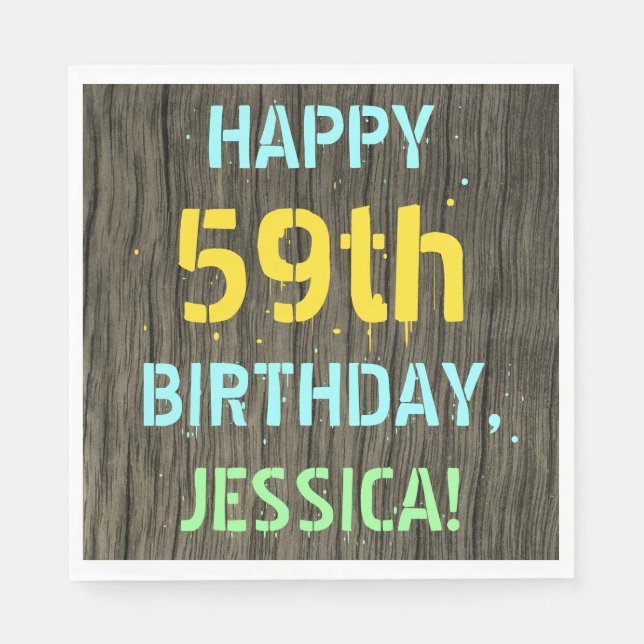 Faux Wood, Painted Text Look, 59th Birthday + Name Napkins (Front)