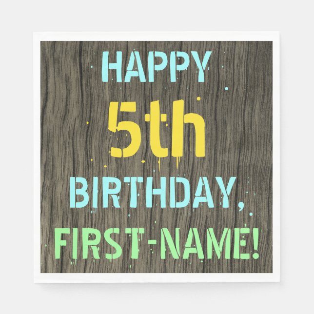Faux Wood, Painted Text Look, 5th Birthday + Name Napkins (Front)