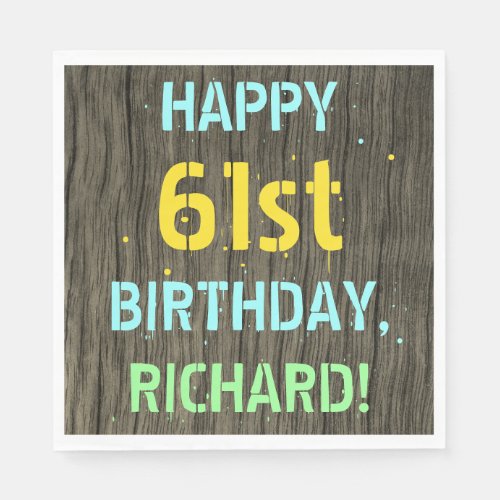 Faux Wood Painted Text Look 61st Birthday  Name Napkins