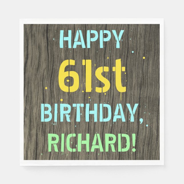 Faux Wood, Painted Text Look, 61st Birthday + Name Napkins (Front)