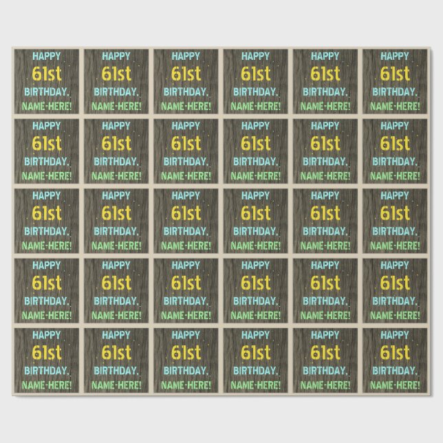 Faux Wood, Painted Text Look, 61st Birthday + Name Wrapping Paper (Flat)