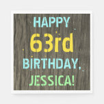 [ Thumbnail: Faux Wood, Painted Text Look, 63rd Birthday + Name Napkins ]